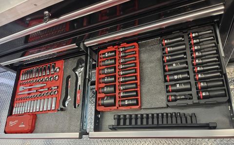 Tool drawers with 3/8-inch socket sets, impact sockets, and adjustable wrenches